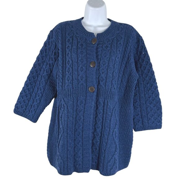Kilronan Fisherman Cardigan Sweater Medium Blue Merino Wool Cable‎ Knit CJ-1956 - Picture 1 of 8